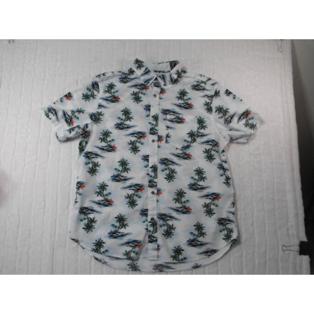 Old Navy Button Up Shirt Men XL Green White Palm Tree Hawaiian Shirt